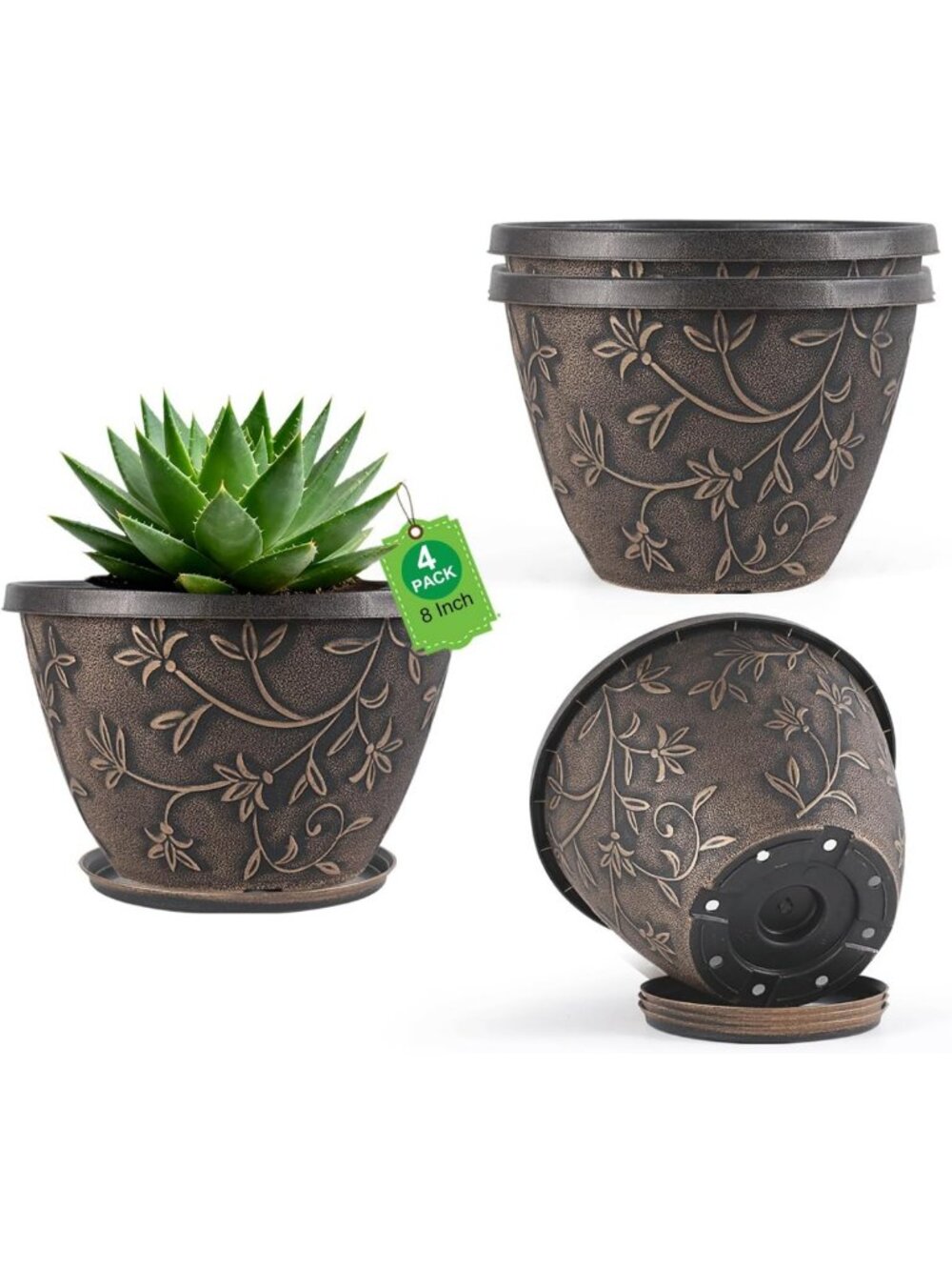 Set of 4 Retro Brown 8-Inch Plant Pots with Drainage Holes - Perfect for